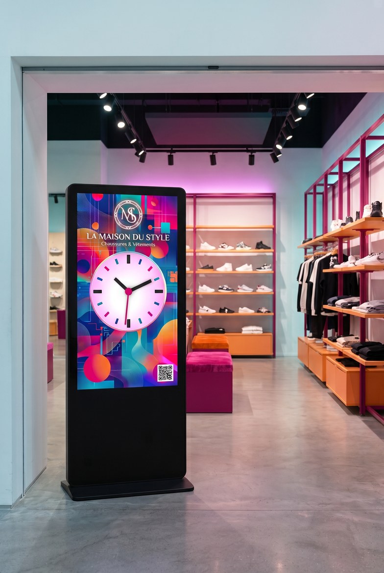 Thème Digital Flow sur totem vertical dans une boutique