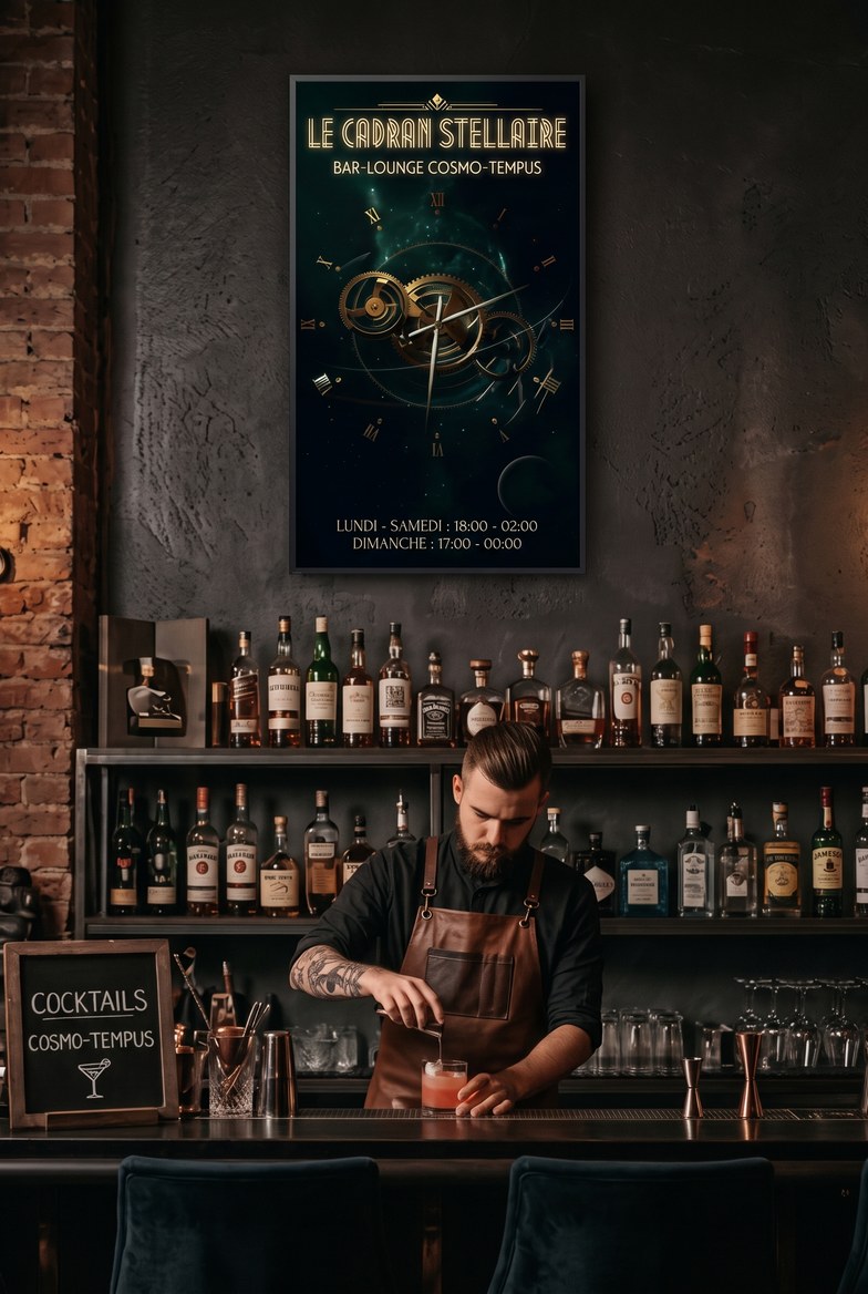 Thème Gravity sur écran vertical dans un bar lounge