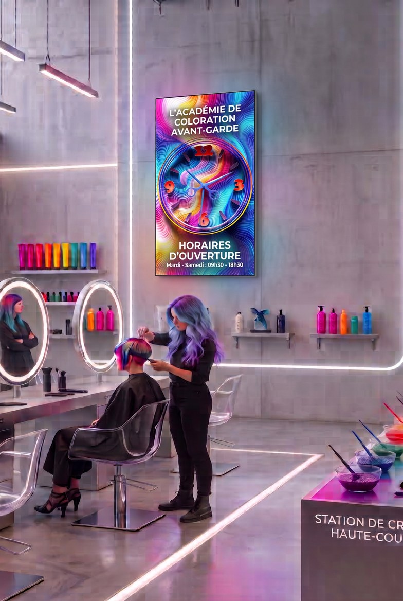 Thème Moiré sur écran vertical dans un salon de coiffure