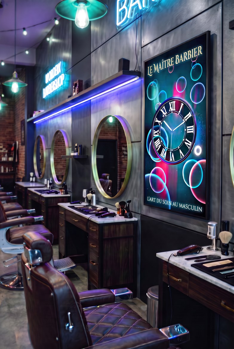 Thème Néon sur écran vertical dans un barbershop