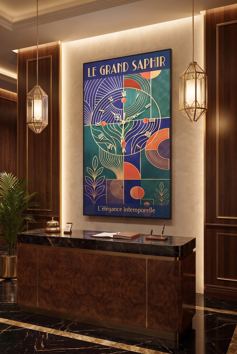 Thème Sève Dorée sur écran vertical à la réception d'un hôtel